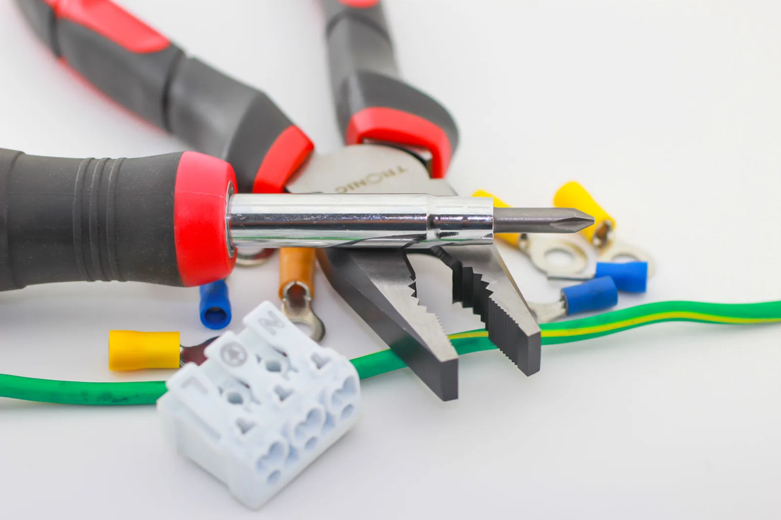 Pliers, a screwdriver, ferrules and a connector block, for electrician in Windsor