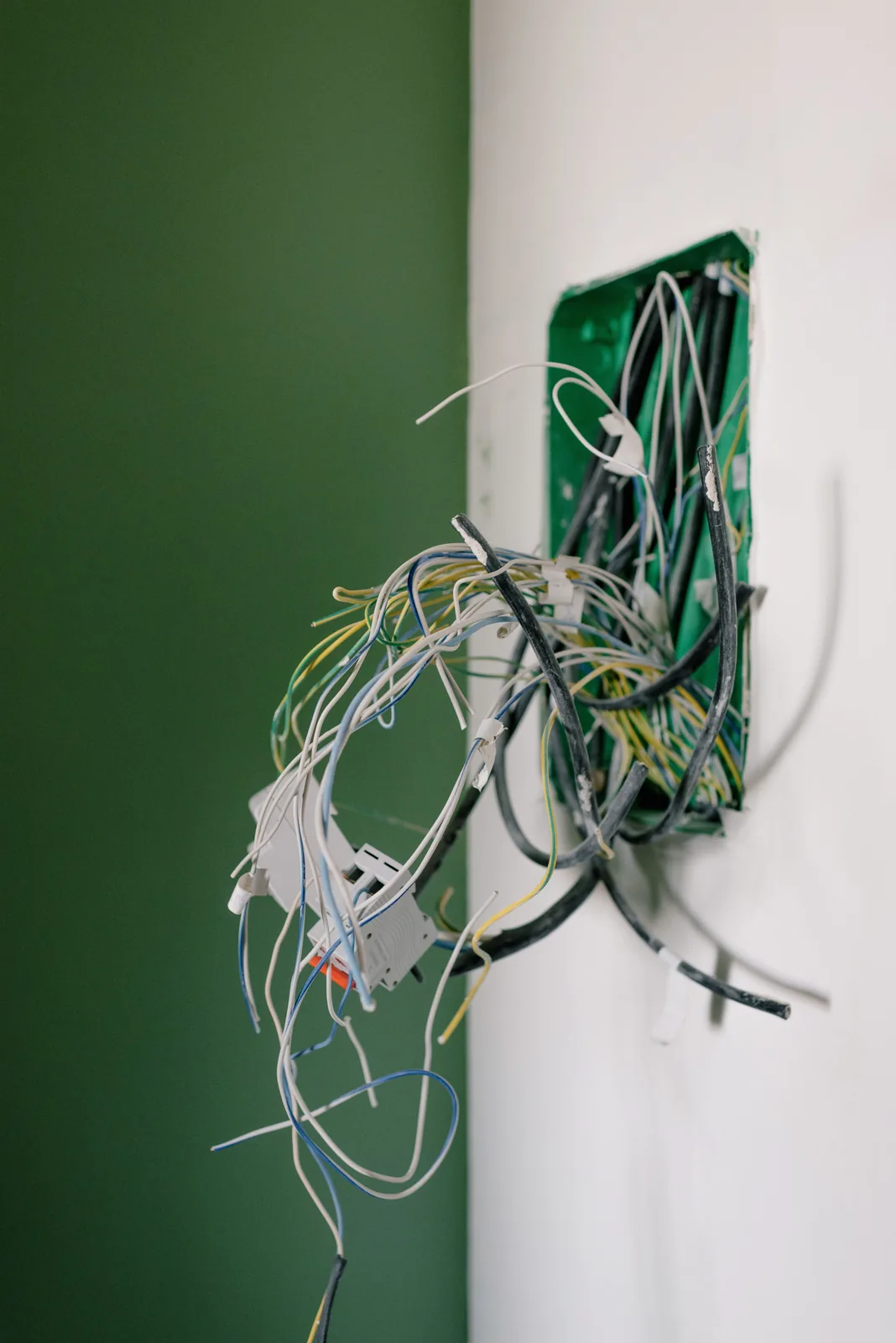 Old wiring spilling out of a junction box, for electrician in Windsor