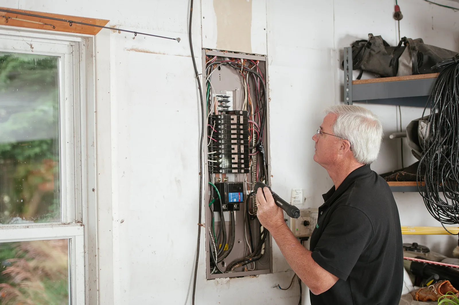 An electrician checking an open residential panel by torchlight, for licensed electrician in Windsor